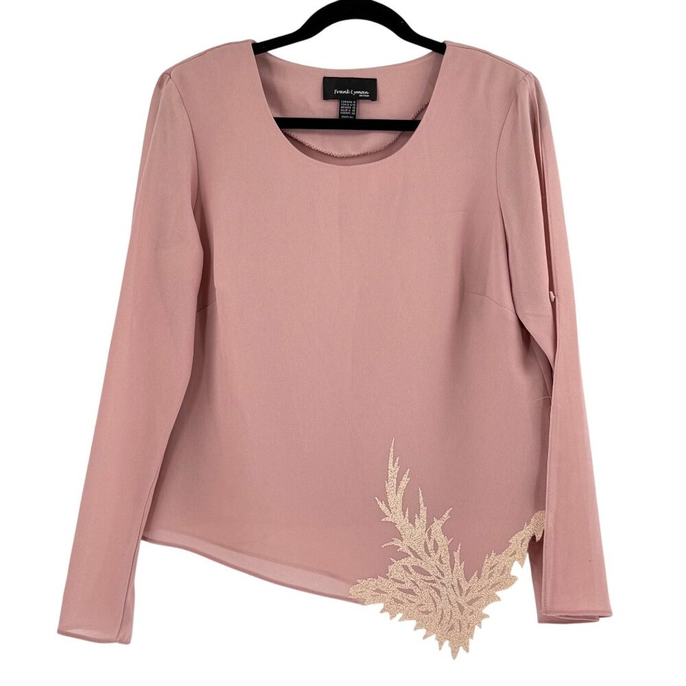 Frank Lyman Design Blush Pink Asymmetric Hem Top With Applique Size 10 US